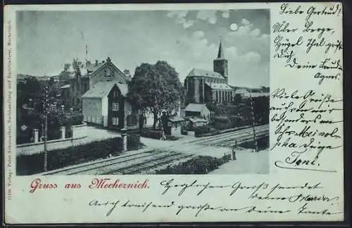 Mondschein-AK Mechernich, Kirche und Bahngleise