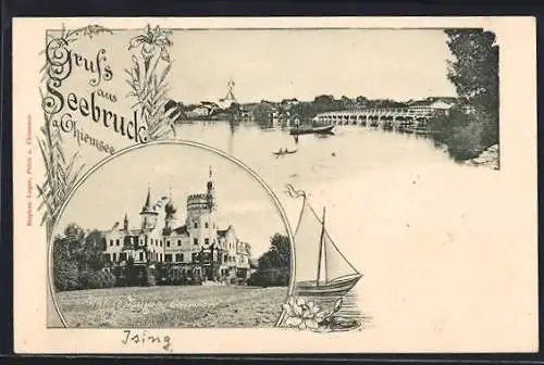 AK Seebruck / Chiemsee, verschiedene Ansichten mit Schloss und Brücke