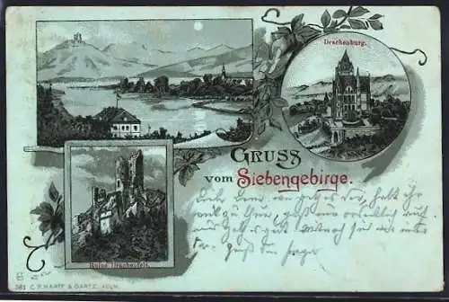 Lithographie Königswinter / Siebengebirge, Drachenburg und Ruine Drachenfels