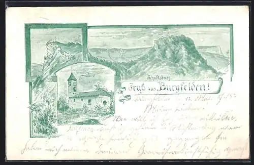 Künstler-AK Burgfelden, Blick auf Schalksburg und Kirche