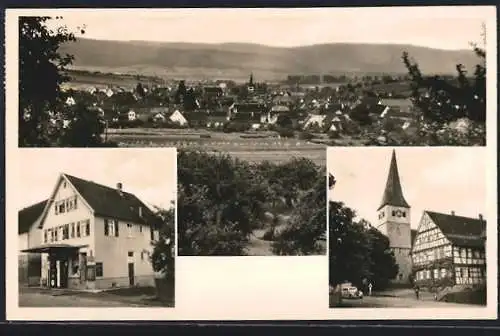 AK Haubersbronn / Schorndorf, Geschäftshaus, Kirche, Panorama der Ortschaft