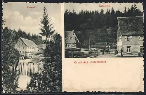 AK Laufenmühle / Welzheim, Wasserfall und Gutshaus