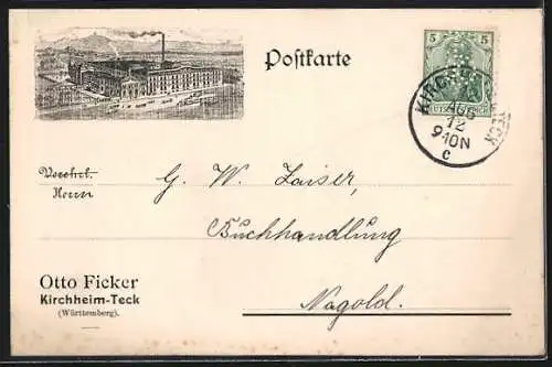 Lithographie Kirchheim-Teck / Württemberg, Ansicht der Papierwaren-Fabrik