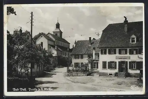 Foto-AK Bad Boll, Kirche und Bäckerei Friedrich Hoffmann