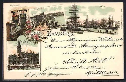 Lithographie Hamburg, Rathaus, Hafen und Jungfernstieg