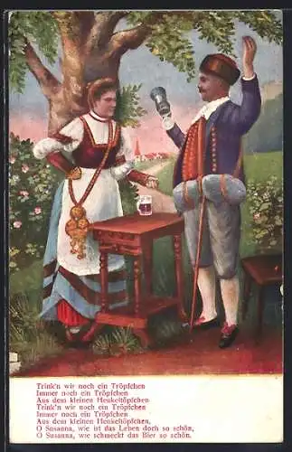 AK Susanna in Tracht und Bier trinkender Mann, Gastronomie