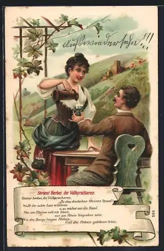 Präge-AK Wirtin schenkt einem Gast Wein ein, Gastronomie