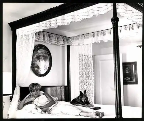 Fotografie junge Schauspielerin Jill Ireland liegt mit ihrem Schäferhund im Bett