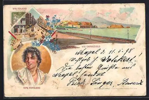 Lithographie Napoli, Via Caracciolo, Via Toledo, Tipo Popolano