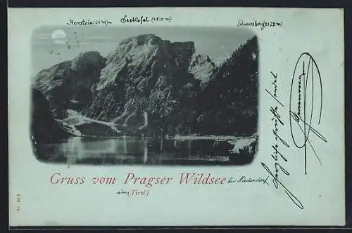 Mondschein-AK Prags /Tirol, Pragser Wildsee mit Bergpanorama