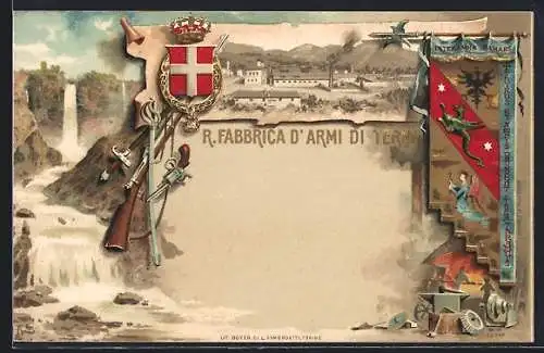 Lithographie Terni, R. Fabbrica d`Armi, Gebäudeansicht, Schmiede, Wasserfall, Waffen, Wappen, Drachen, Betender