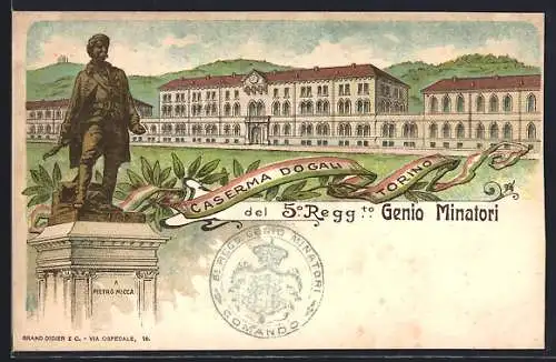 Lithographie Torino, Caserma Dogali, Denkmal 5. Reg. Genio Minatori
