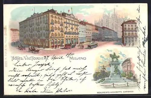 Künstler-AK Milano, Hotel Victoria mit Strasse u. Strassenbahn, Garibaldi-Monument