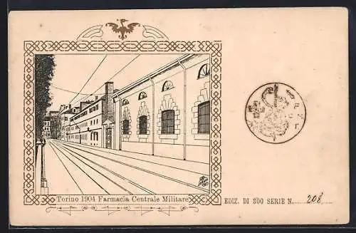 Künstler-AK Torino, Farmacia Centrale Militare, 1904, Ornament-Rahmen mit Adler
