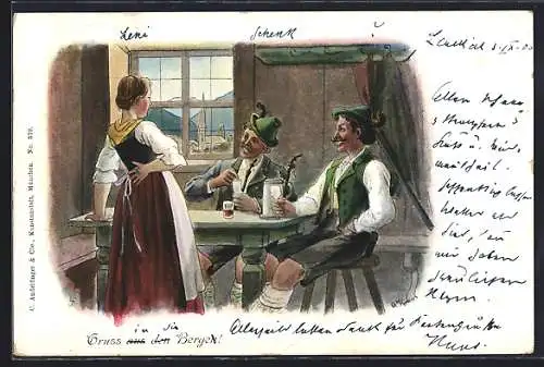 AK Zwei Bergsteiger im Gasthaus mit Wirtin