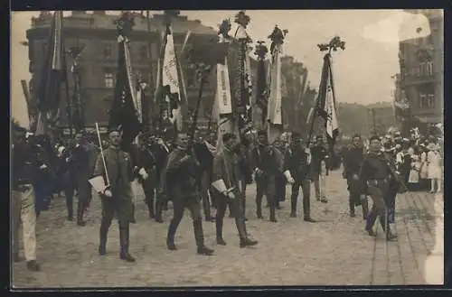 Foto-AK Turner mit Fahnen bei einem Strassenumzug, Sokol