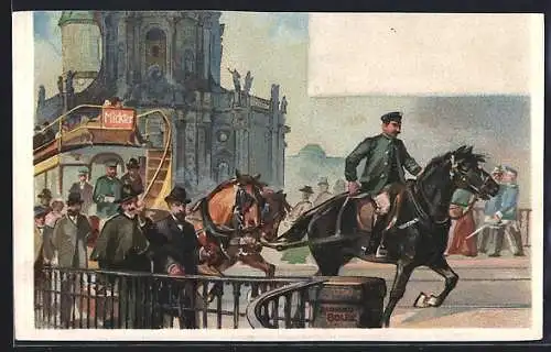 Lithographie Dresden, Augustbrücke, Schlosswache vor der Pferdebahn