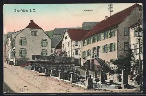 AK Beerfelden i. O., Brunnen, u. Mümmling-Quellen, Strassenpartie, Kinder