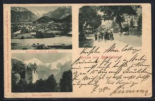 AK Interlaken, Ruine Unspunnen, Promenade, Ortsansicht mit Jungfrau