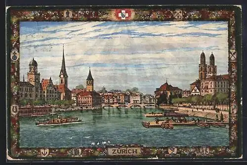 Künstler-AK Zürich, Stadtpanorama mit Brücke vom Wasser aus, Dampfer, Bootsstege, Rahmen mit strahlender Kreuz-Sonne