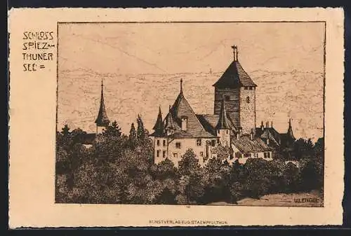 Künstler-AK Spiez /Thuner See, Schloss aus der Vogelschau