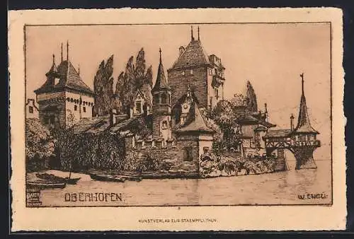 Künstler-AK Oberhofen, Panorama mit Türmen vom Wasser aus