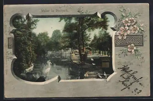 Lithographie St. Gallen, Blick auf den Weiher im Stadtpark