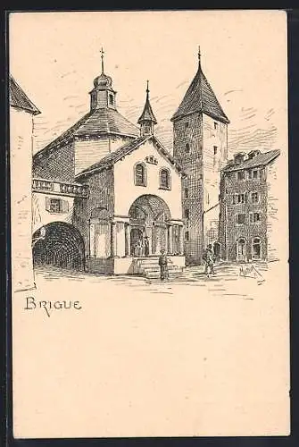 Künstler-AK Brigue, Ortspartie mit Kirche, Tor und Turm