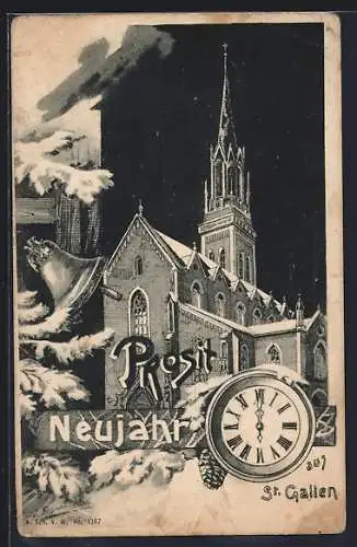 Künstler-AK St. Gallen, Kirche mit Schnee, Tanne, Glocke u. Uhr, Neujahrsgruss