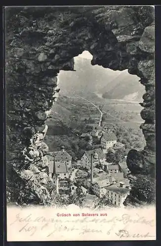 AK Grüsch, Totalansicht von Solavers aus, Blick durch Felsenöffnung