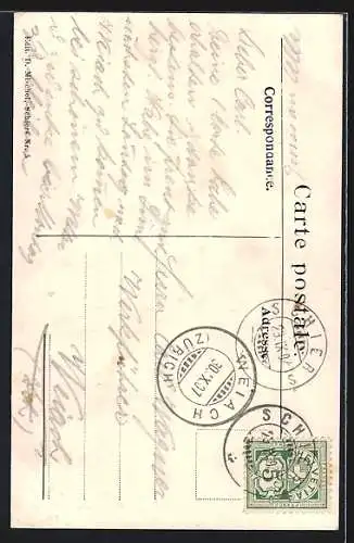 AK Grüsch, Totalansicht von Solavers aus, Blick durch Felsenöffnung