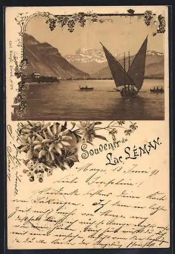 Lithographie Lac Léman, Seepartie mit Segelboor und Bergpanorama, Edelweiss