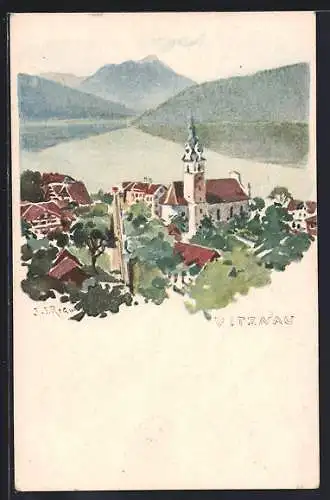 Künstler-AK Vitznau, Teilansicht mit Blick auf den See