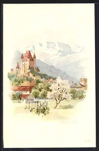 Lithographie Thun, Ortsansicht mit Blümlisalp