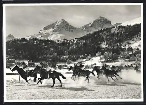 AK St. Moritz, Pferderennen mit Ortspanorama, Piz Albana u. Piz Julier