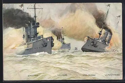 AK Untergang der SM Kl. Kreuzers Ariadne, Mainz und Köln 1914 bei Helgoland