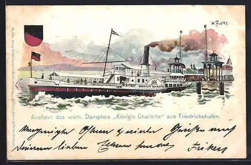 Lithographie Friedrichshafen, Ausfahrt des Dampfers Königin Charlotte