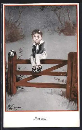 Künstler-AK Fred Spurgin: Versetzt, Kleiner Kavalier auf einem Gatter