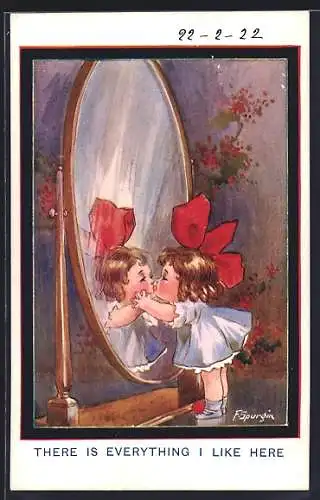 Künstler-AK Fred Spurgin: Kleines Mädchen küsst ihr Spiegelbild