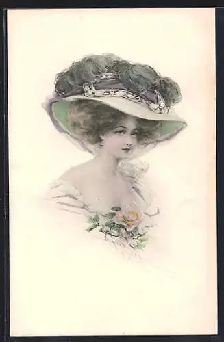 Künstler-AK Schilbach: Junge Dame mit opulentem Federhut, Portrait