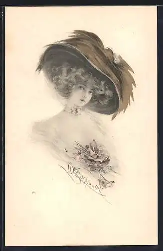 Künstler-AK Schilbach: Junge Dame mit Locken und grossem Hut, Portrait