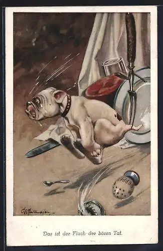 AK Hund Bonzo mit einer Fleischgabel im Hinterteil, Das ist der Fluch der bösen Tat