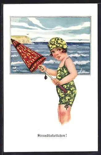 Künstler-AK Arthur Butcher: Strandkokettchen, Kleine Dame mit Schirm und Badehaube