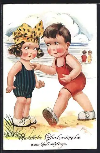 Künstler-AK Kinder am Strand in Badeanzügen