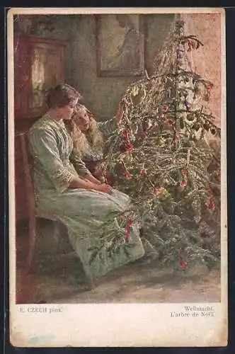 Künstler-AK Emil Czech: Mutter und Tochter am Weihnachtsbaum