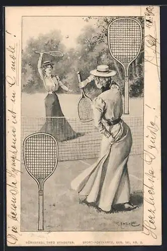 Künstler-AK Theo Zasche: Frauen spielen Tennis