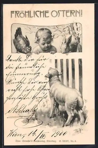 Künstler-AK Theo Zasche: Kleinkind mit Huhn, Hase und Lamm, Ostergruss