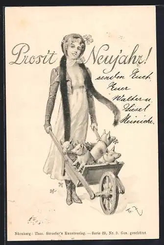 Künstler-AK Theo Zasche: Frau mit Karren voller Glücks-Schweine