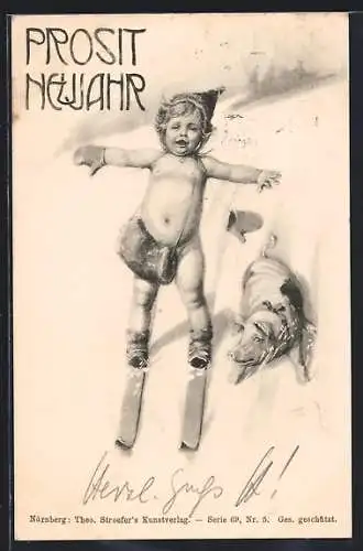 Künstler-AK Theo Zasche: Skifahrt mit Schwein, Neujahrsgruss