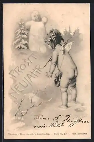 Künstler-AK Theo Zasche: Kleiner Engel schriebt einen Neujahrsgruss in den Schnee